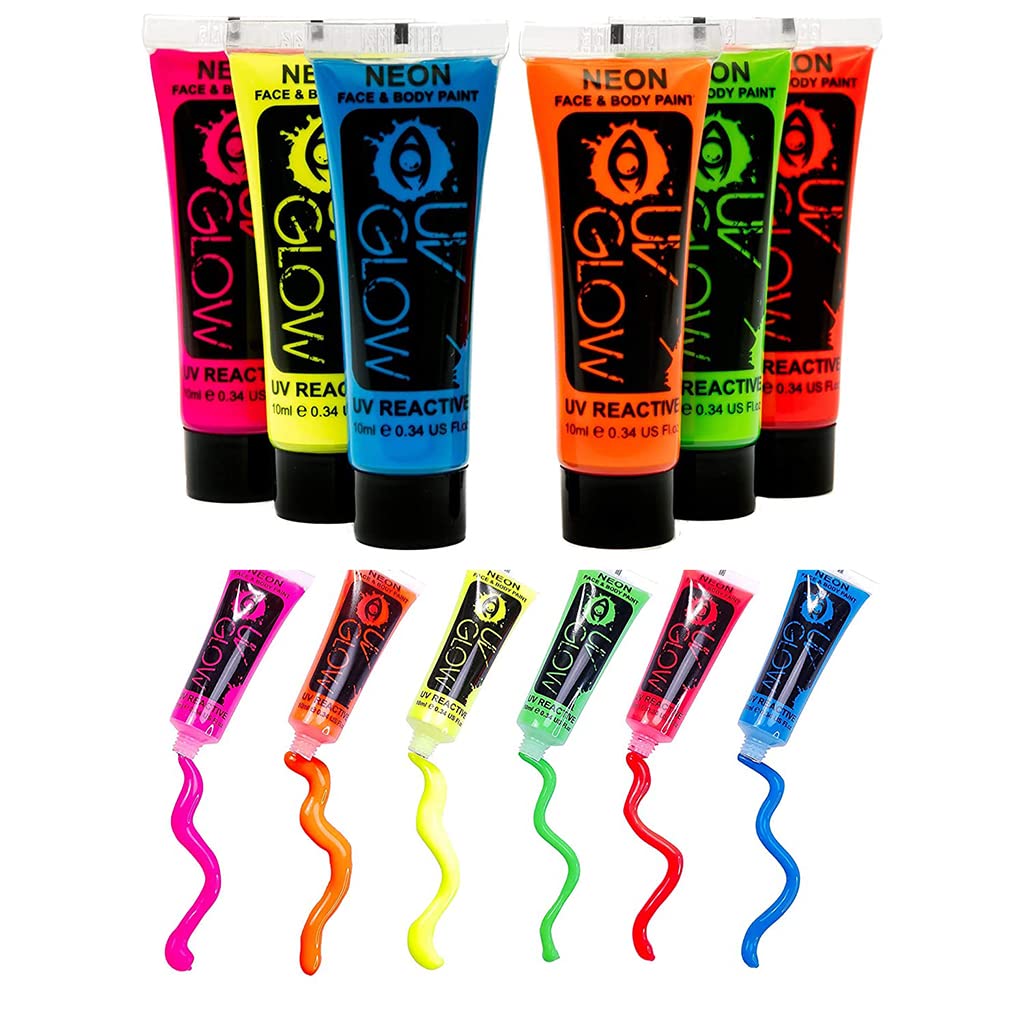 Quiet&Far Body Paint Set with tubes 24 x 25 ml / 1 fl oz Neon Glow in the dark paint face paint Blacklight Reactive Fluorescent Paint Non-Toxic