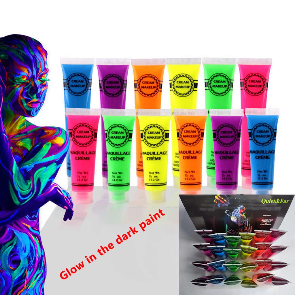 Quiet&Far Body Paint Set with tubes 24 x 25 ml / 1 fl oz Neon Glow in the dark paint face paint Blacklight Reactive Fluorescent Paint Non-Toxic