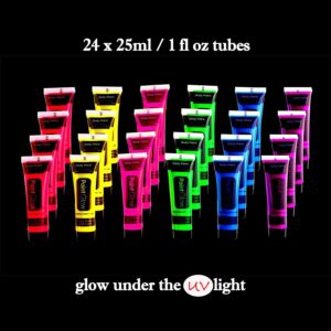 Quiet&Far Body Paint Set with tubes 24 x 25 ml / 1 fl oz Neon Glow in the dark paint face paint Blacklight Reactive Fluorescent Paint Non-Toxic