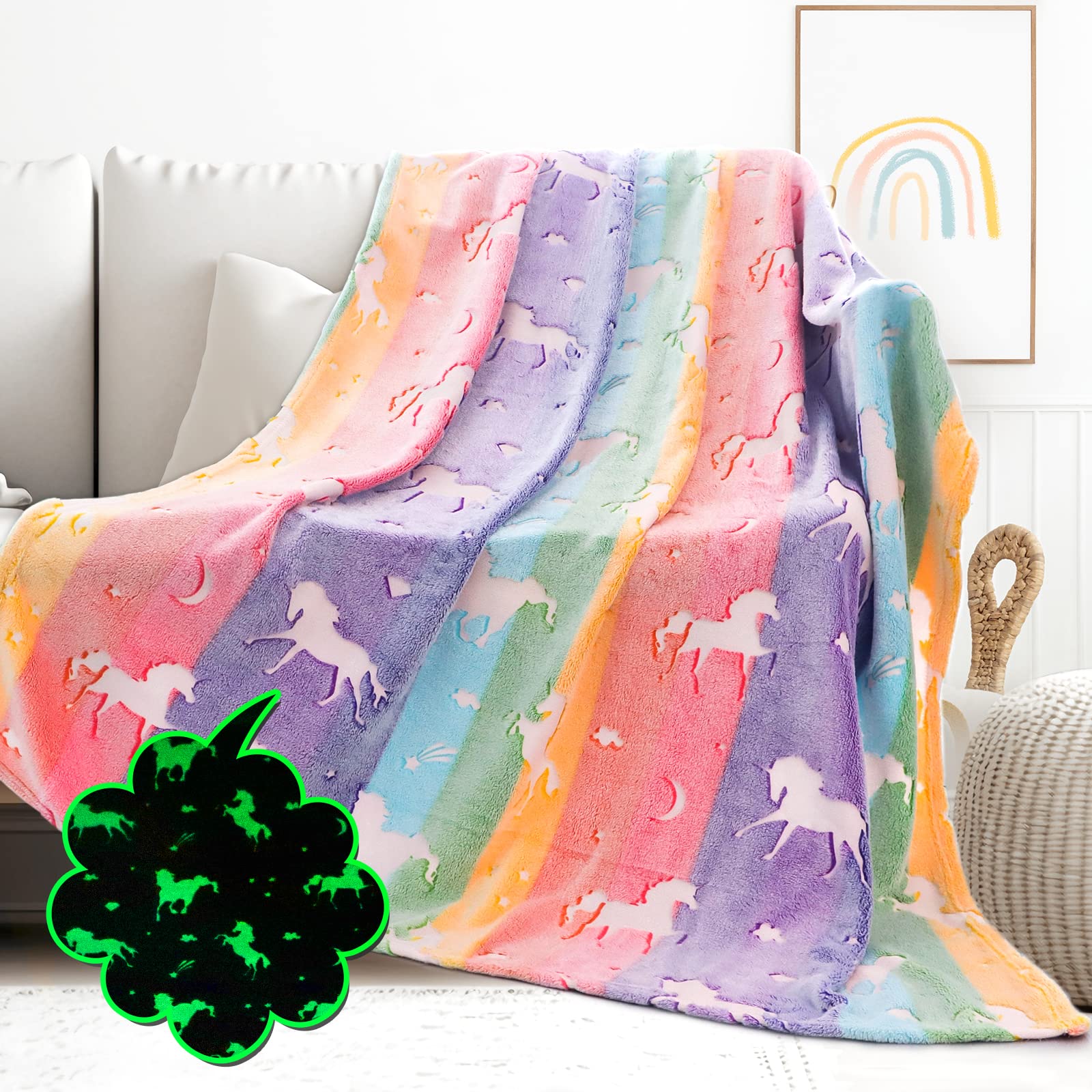 Unicorn Blanket Glow in The Dark for Girls Rainbow Unicorn Fleece Blanket Unicorn Gifts Stuff Decor Toys Luminous Soft Warm Throw Blankets for Kids