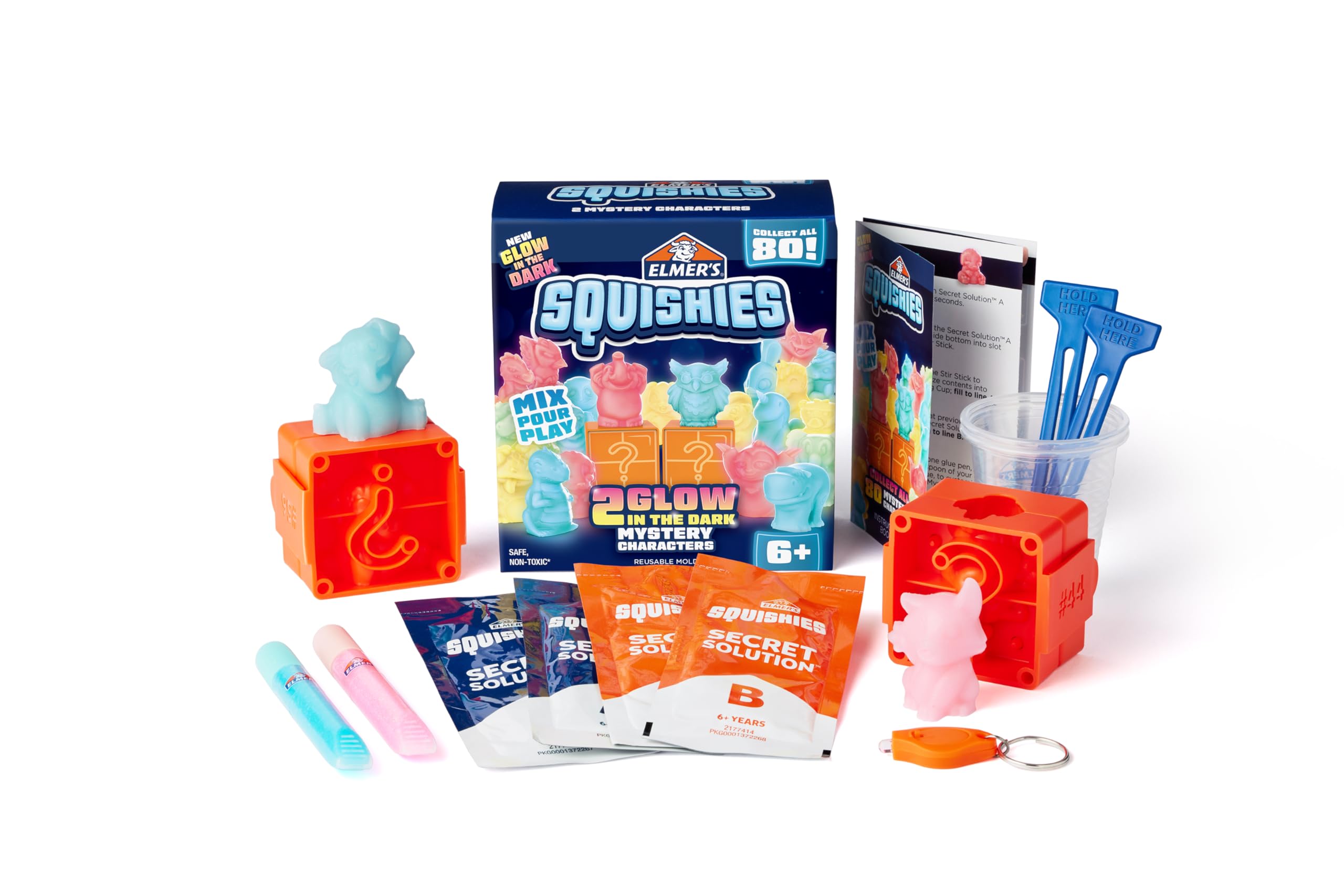 Elmer’s Squishies Kids’ Activity Kit, DIY Glow in the Dark Squishy Toy Kit Creates 2 Mystery Characters, 13 Piece Kit