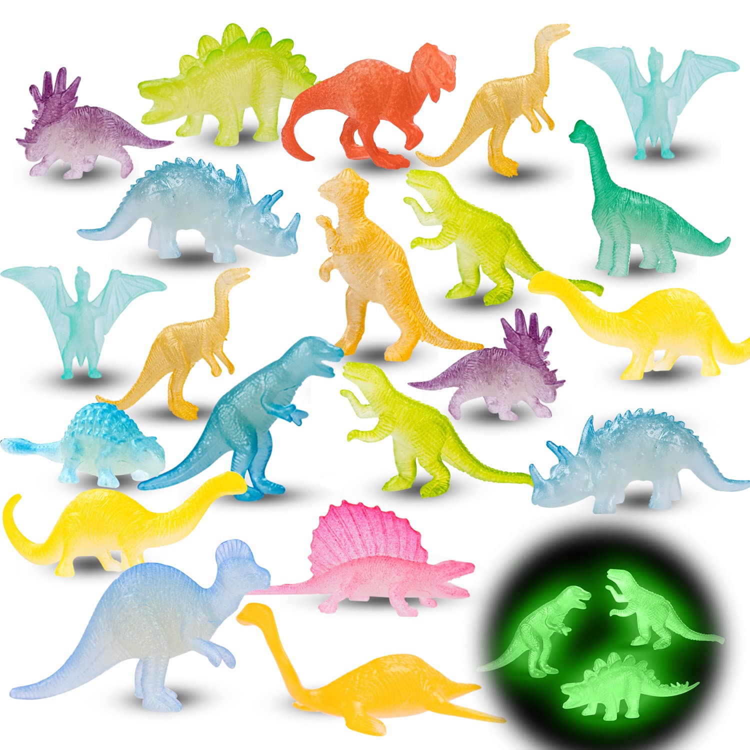 48Pcs Glow in Dark Mini Dinosaur Figures Birthday Party Favors Supplies Dino Cupcake Toppers Goodie Bags Stuffers Pinata Goody Fillers Classroom Prizes Treasure Box Gifts Halloween Treats Kid Boy Girl