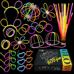 dragon too glow in the dark party supplies - 605 pieces - includes connectors to create necklaces, bracelets, glasses, heart glasses, hats, headbands, balls, flowers - glow in the dark party favors