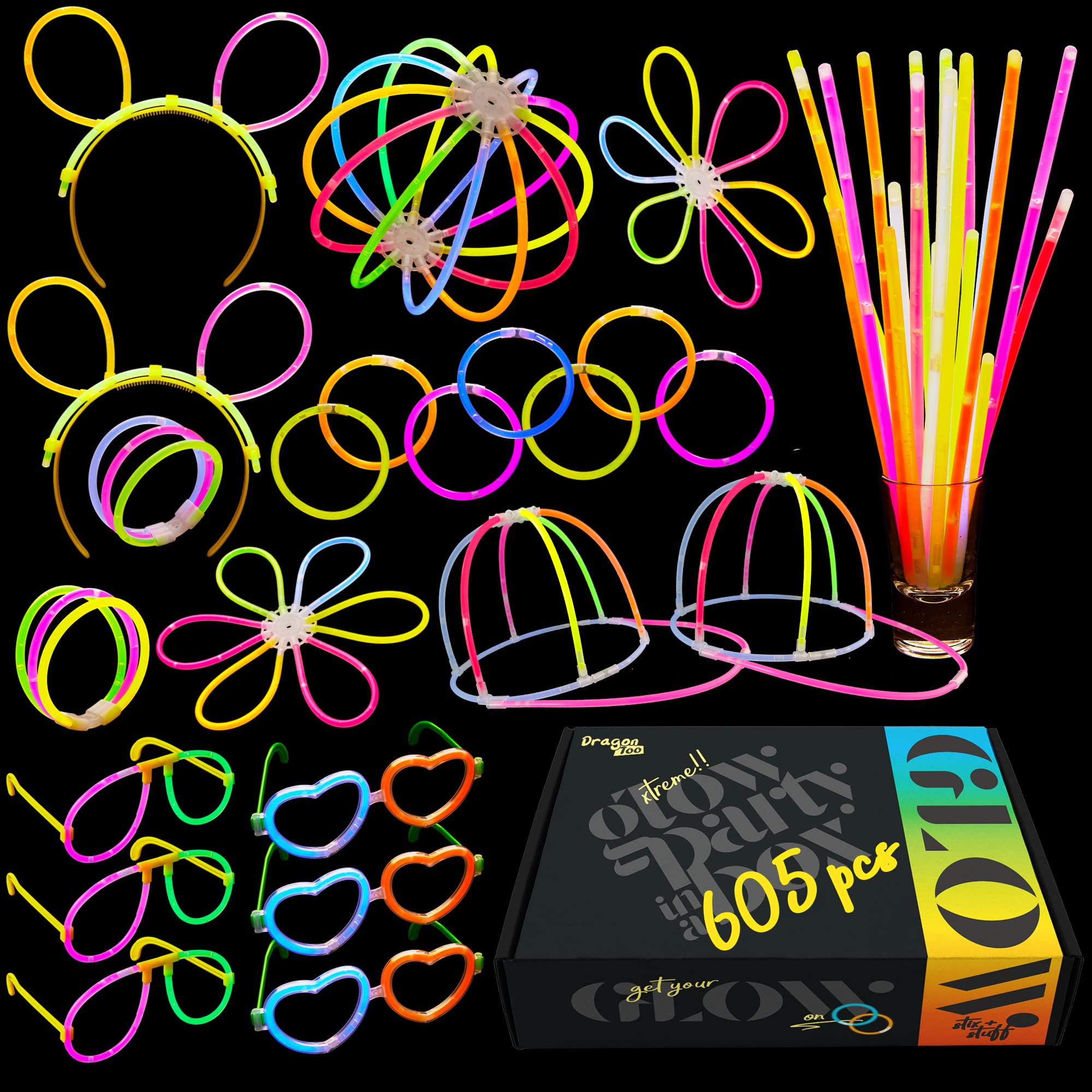 Dragon Too Glow in The Dark Party Supplies - 605 Pieces - Includes Connectors to Create Necklaces, Bracelets, Glasses, Heart Glasses, Hats, Headbands, Balls, Flowers - Glow in The Dark Party Favors