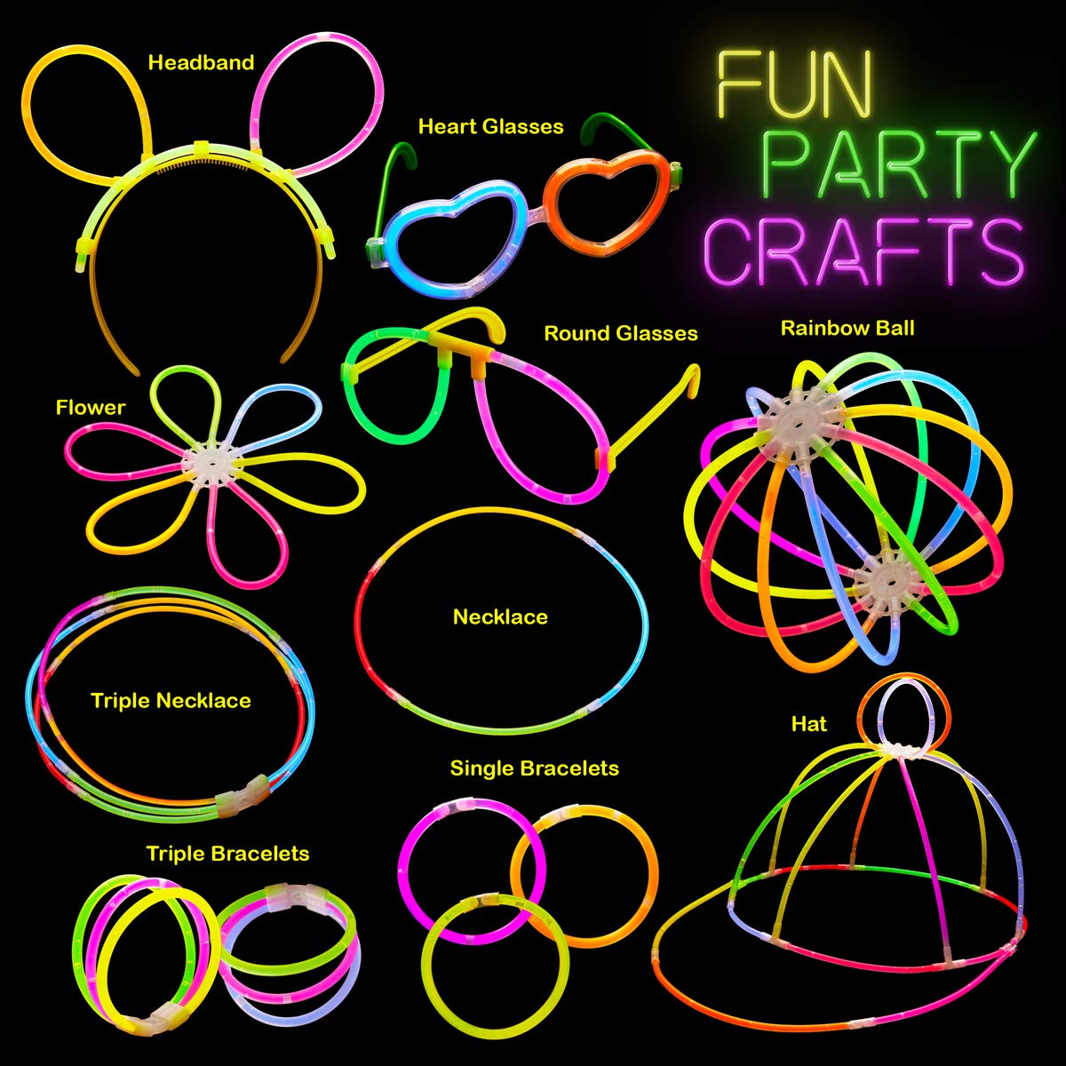 Dragon Too Glow in The Dark Party Supplies - 605 Pieces - Includes Connectors to Create Necklaces, Bracelets, Glasses, Heart Glasses, Hats, Headbands, Balls, Flowers - Glow in The Dark Party Favors