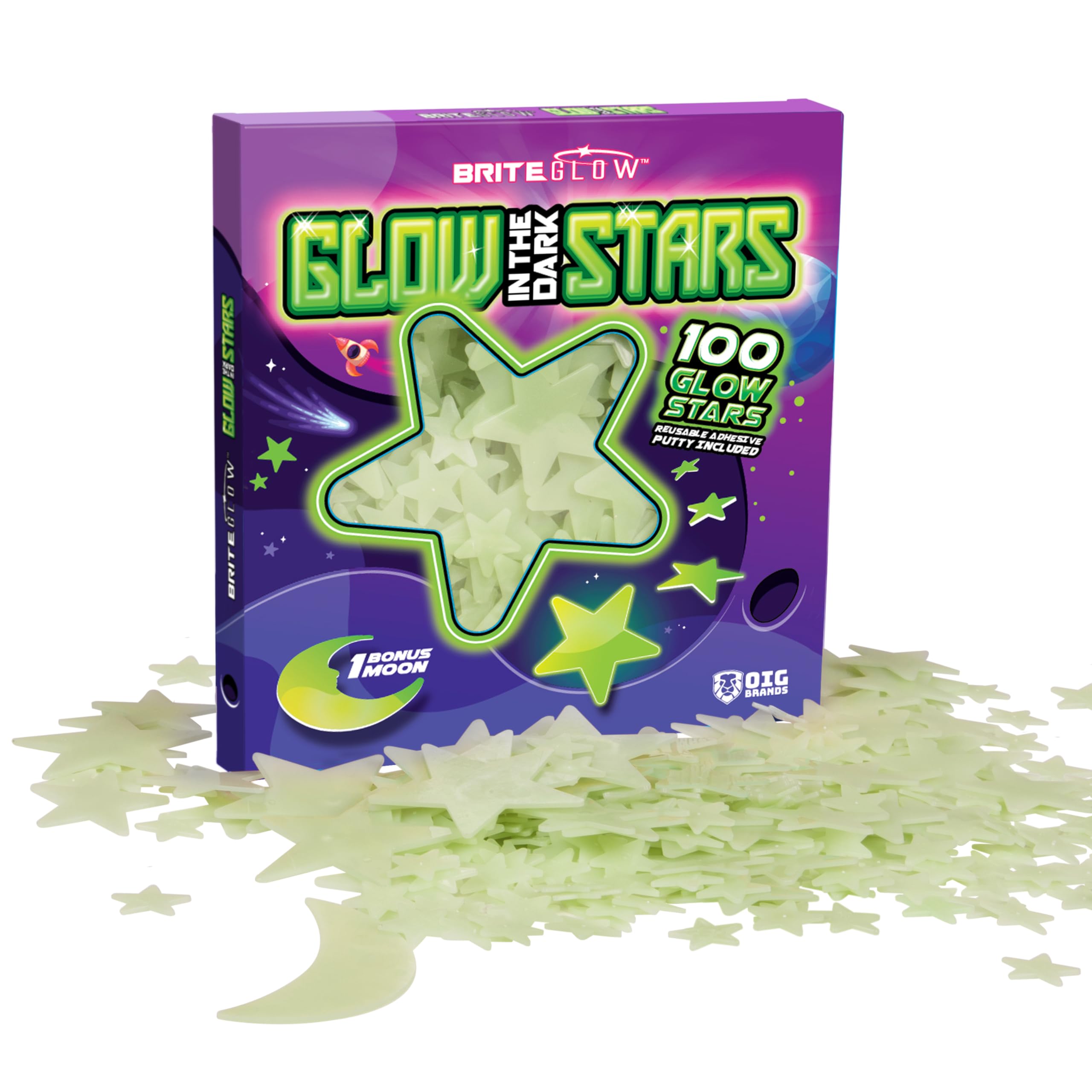 OIG Brands Glow in The Dark Stars and Planets 100-Piece (Green) 3D Glow in Dark Stars for Ceiling Decor with Constellation Map - includes Reusable Putty