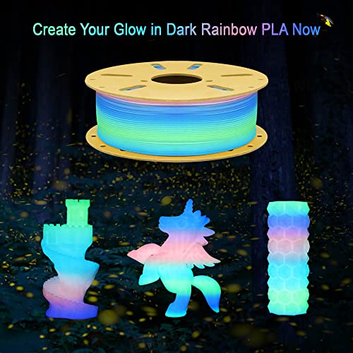 1.75mm Glowing in Dark Fast Color Change Rainbow Multi Colored PLA Filament, Each 5-10m Fast Color Random Gradually Changed 3D Printer Material, 1KG 2.2lbs PLA with Extra 3D Printing Tool by MIKA3D