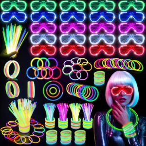 olupp 222pcs glow in the dark party supplies, glow sticks glasses favors, 200 pcs glow sticks and 22 pcs led glasses, new years neon party favors for glow party, wedding, concert, raves, birthday