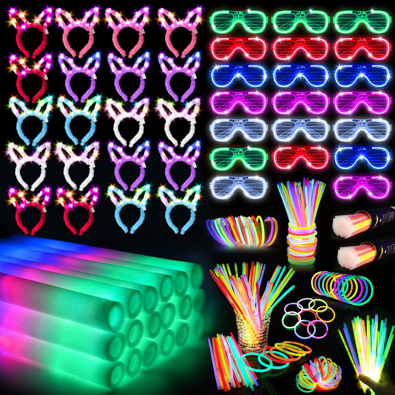 SHQDD 260PCS Glow in the Dark Party Supplies, Glow Sticks Glasses Favors, 20PCS Foam Glow Sticks, 20PCS LED Glasses, 20PCS Bunny Ear Headband and 200PCS Glow Sticks for Neon Party for Kids or Adults