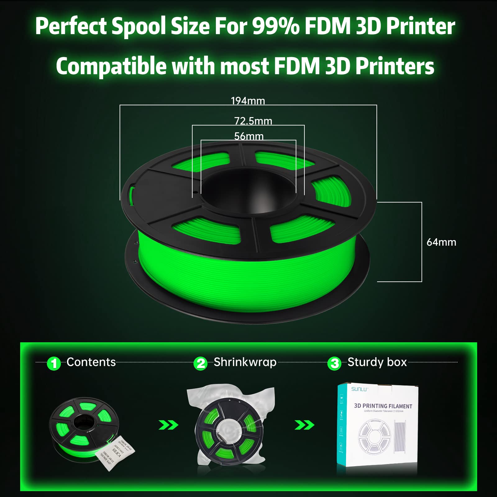 SUNLU Glow in The Dark PLA Filament, Neatly Wound Luminous PLA 3D Printer Filament 1.75mm Dimensional Accuracy +/- 0.02mm, Fit Most 3D Printers, 1kg Spool (2.2lbs), 330 Meters, Green PLA, Glow Green