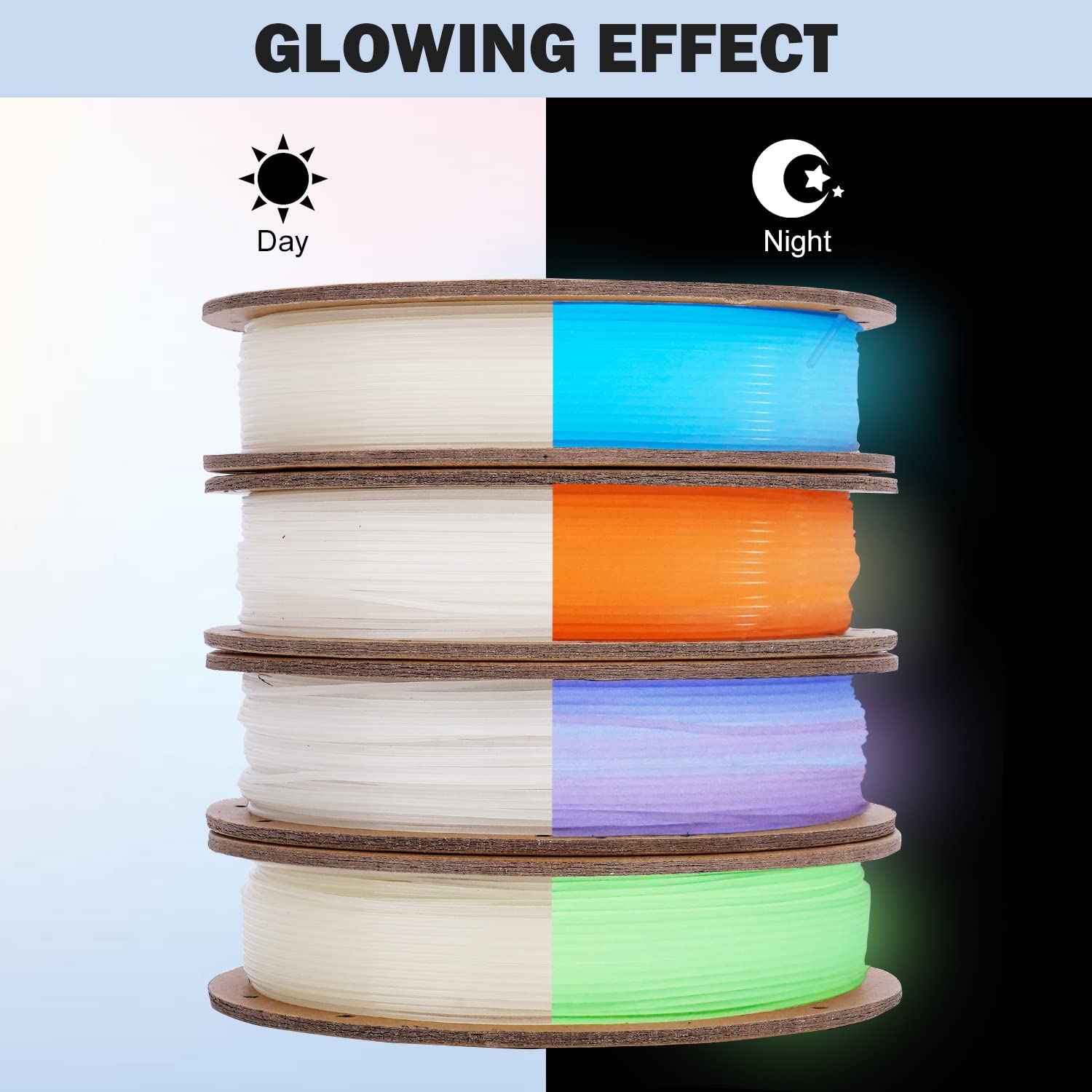 ERYONE Glow in The Dark Filament PLA 1.75mm +/-0.03mm, 250g*4 Pack/Spool, Glow Rainbow/Glow Blue/Glow Orange Yellow/Glow Green