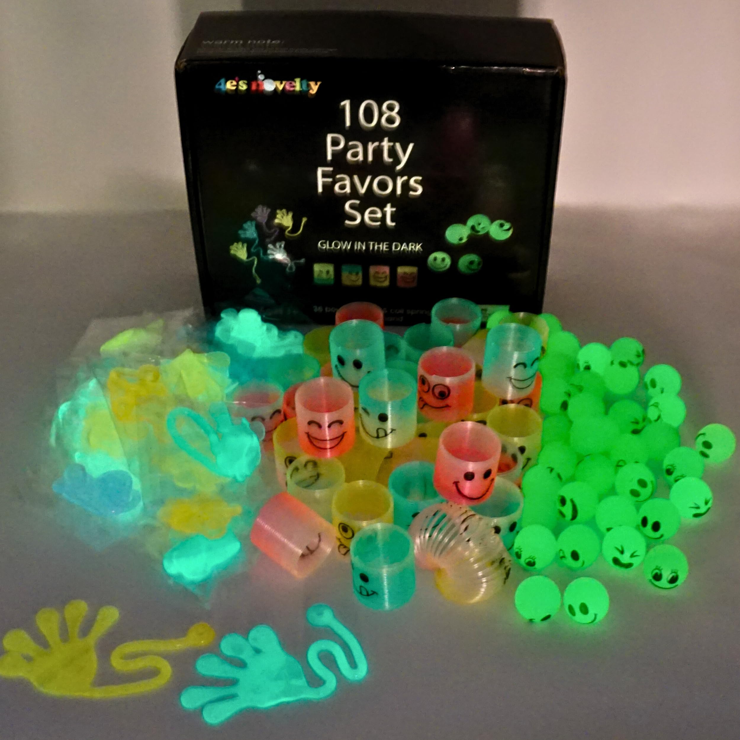 4E's Novelty 108 Pcs Glow in The Dark Toys - 36 Bouncy Balls, 36 Coil Spring, 36 Sticky Hands, Bulk Party Favor or Kids Goodie Bags Birthday Party Supplies Basket Stuffers Prizes for Kids