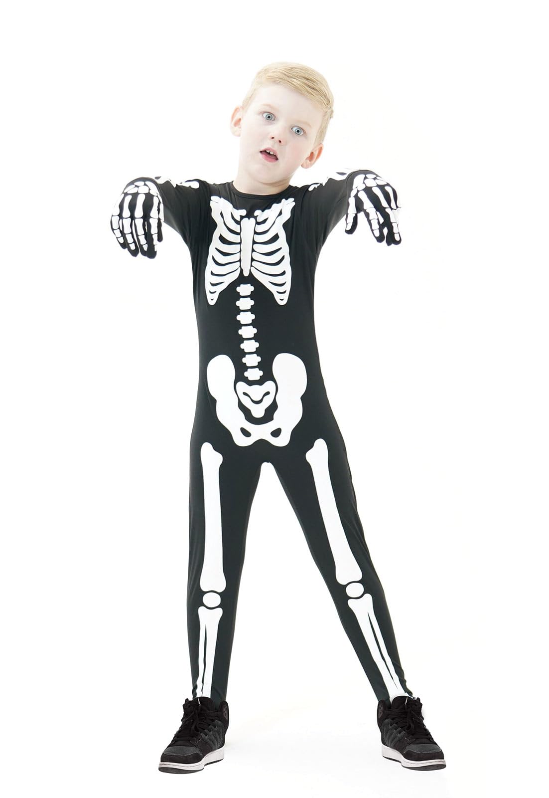 FAYBOX Skeleton Costume for Kids Boys,Glow in The Dark Halloween Costume Skeleton Onesie for Toddler(8-9)