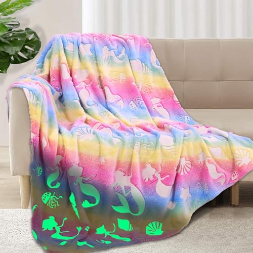 Poemuphi Glow in The Dark Blanket - Soft Cozy Mermaid Throw Blanket for Girls, Ideal Gifts for Kids, 50"×60" Colorful