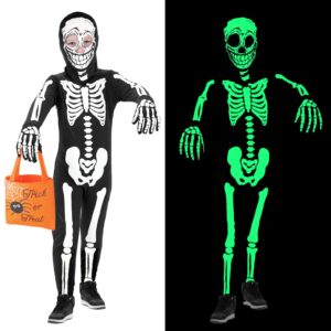 faybox skeleton costume for kids boys,glow in the dark halloween costume skeleton onesie for toddler(8-9)