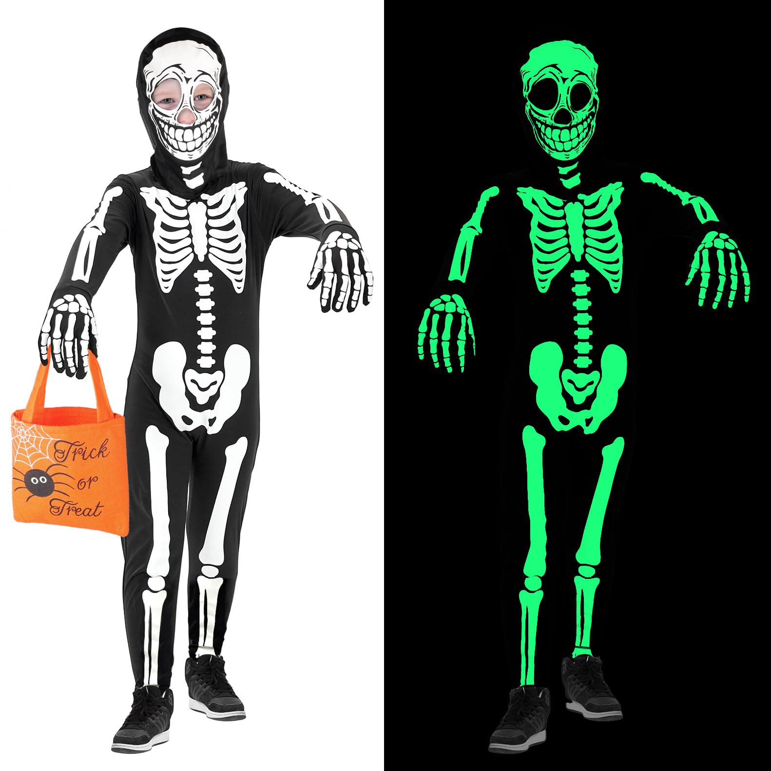 FAYBOX Skeleton Costume for Kids Boys,Glow in The Dark Halloween Costume Skeleton Onesie for Toddler(8-9)