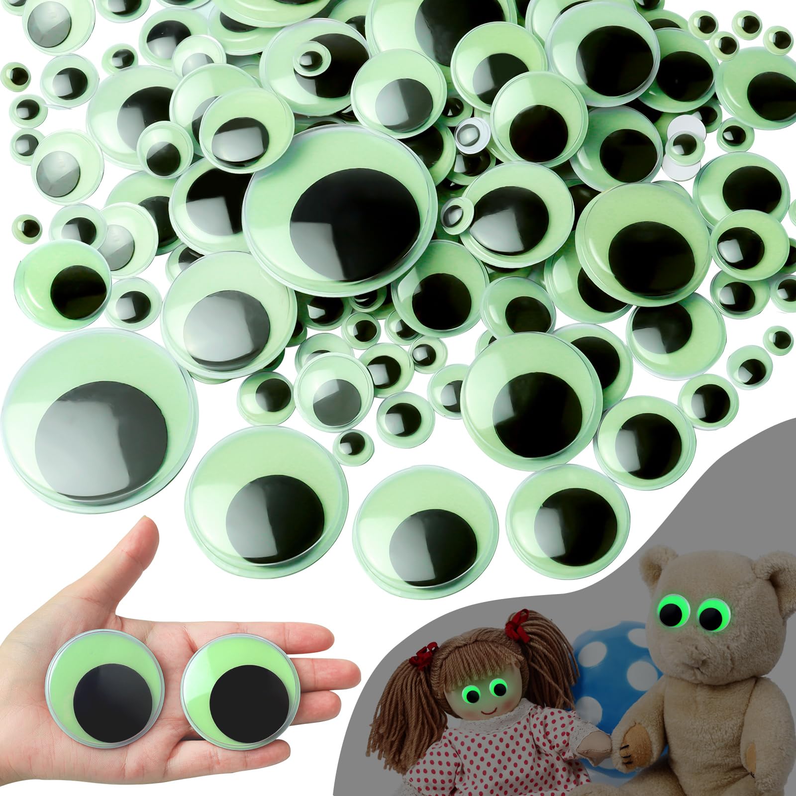 340 PCS Googly Eyes Self Adhesive for Crafts Glow in The Dark Luminous Craft Sticker Sparkle Multi Sizes Wiggle Eyes, Googly Eyes for DIY（50 40 35 30 25 20 15 10mm）
