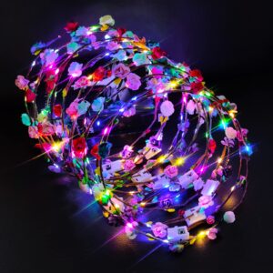 PTHTECHUS 12 Pack LED Flower Headband Crown, Halloween Glow in The Dark Party Supplies Wreath Headdress for Men Women Hair Accessories, LED Light Up Party Favors Dress Up Wedding Birthday Christmas