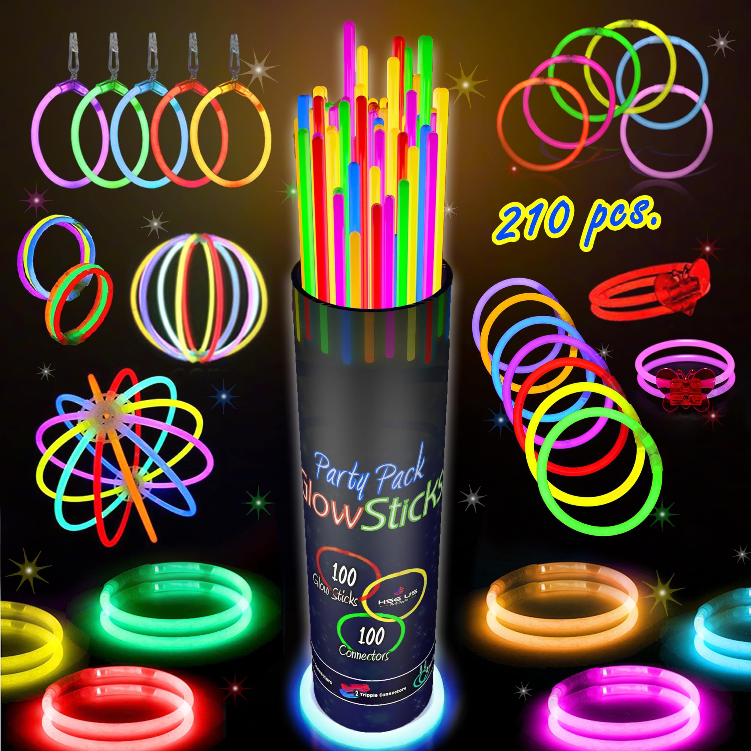 210 PCS Colorful Glow Sticks Party Pack - 100 8' Glow Sticks, 100 Connectors, Fun Accessories - Party Supplies - Glow The Dark Glowing Sticks Fun Party Pack with 8" Glowsticks, Connectors For Weddings