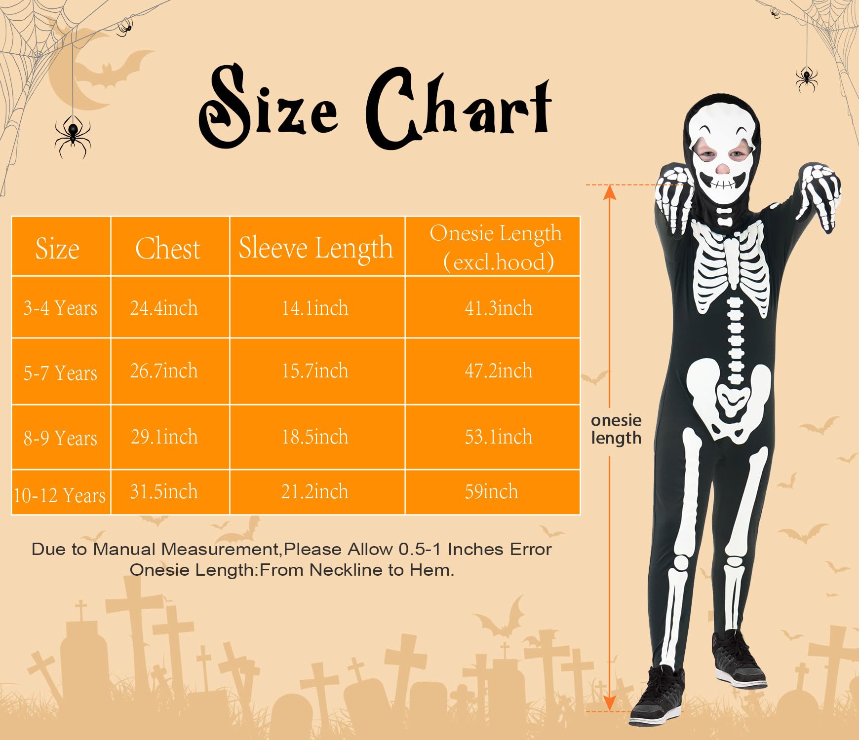 FAYBOX Skeleton Costume for Kids Boys,Glow in The Dark Halloween Costume Skeleton Onesie for Toddler(8-9)