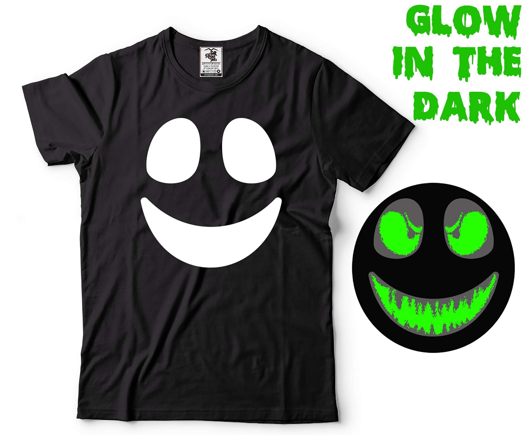 Glow in The Dark Halloween Smile Evil Face Costume Tee Shirt Party Shirts Large Black