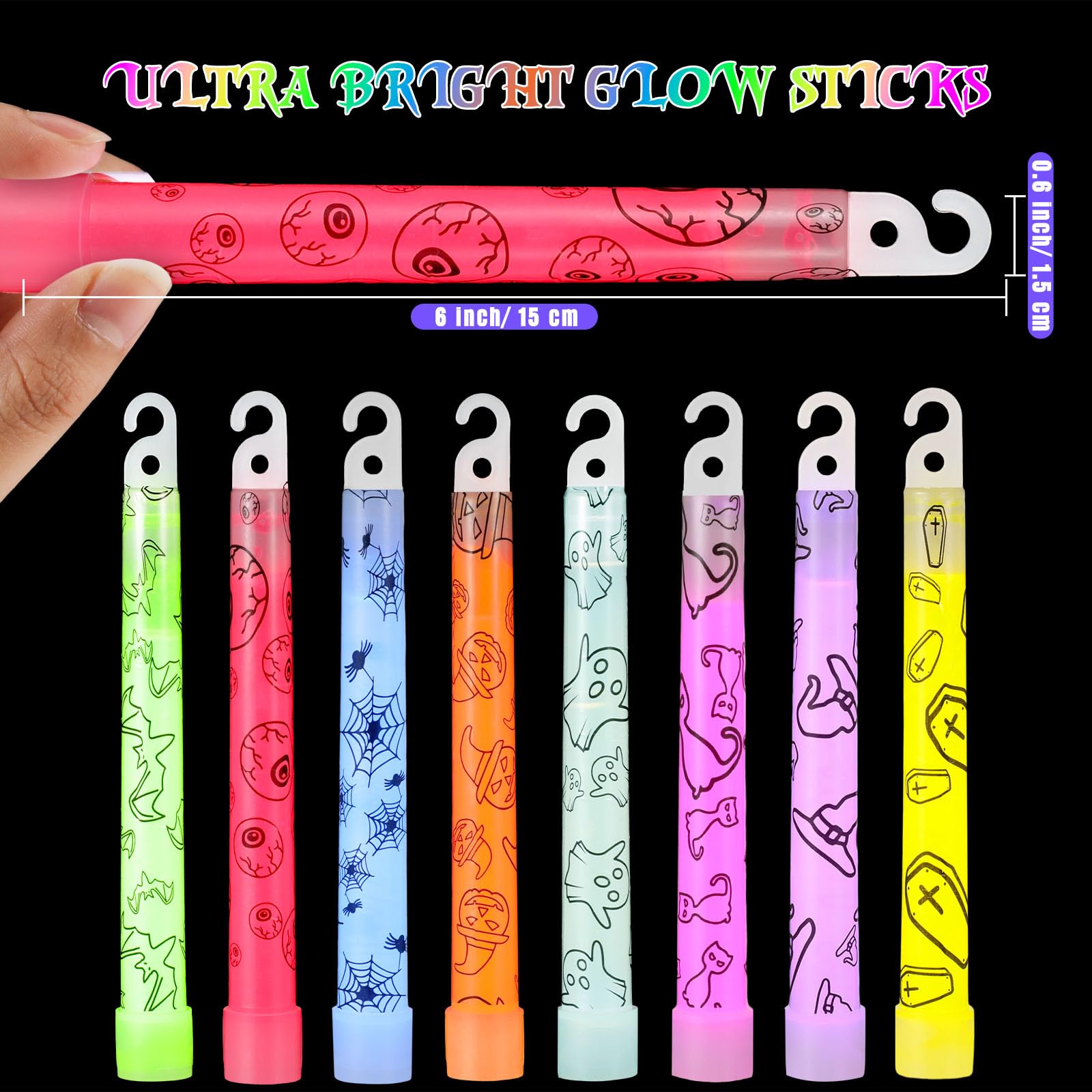 Jenaai 48 Pcs Halloween Assorted Glow Stick Hanging Wands Glow in the Dark Party Favors Halloween Party Favors Supplies Halloween Goodie Bag Fillers, 8 Styles