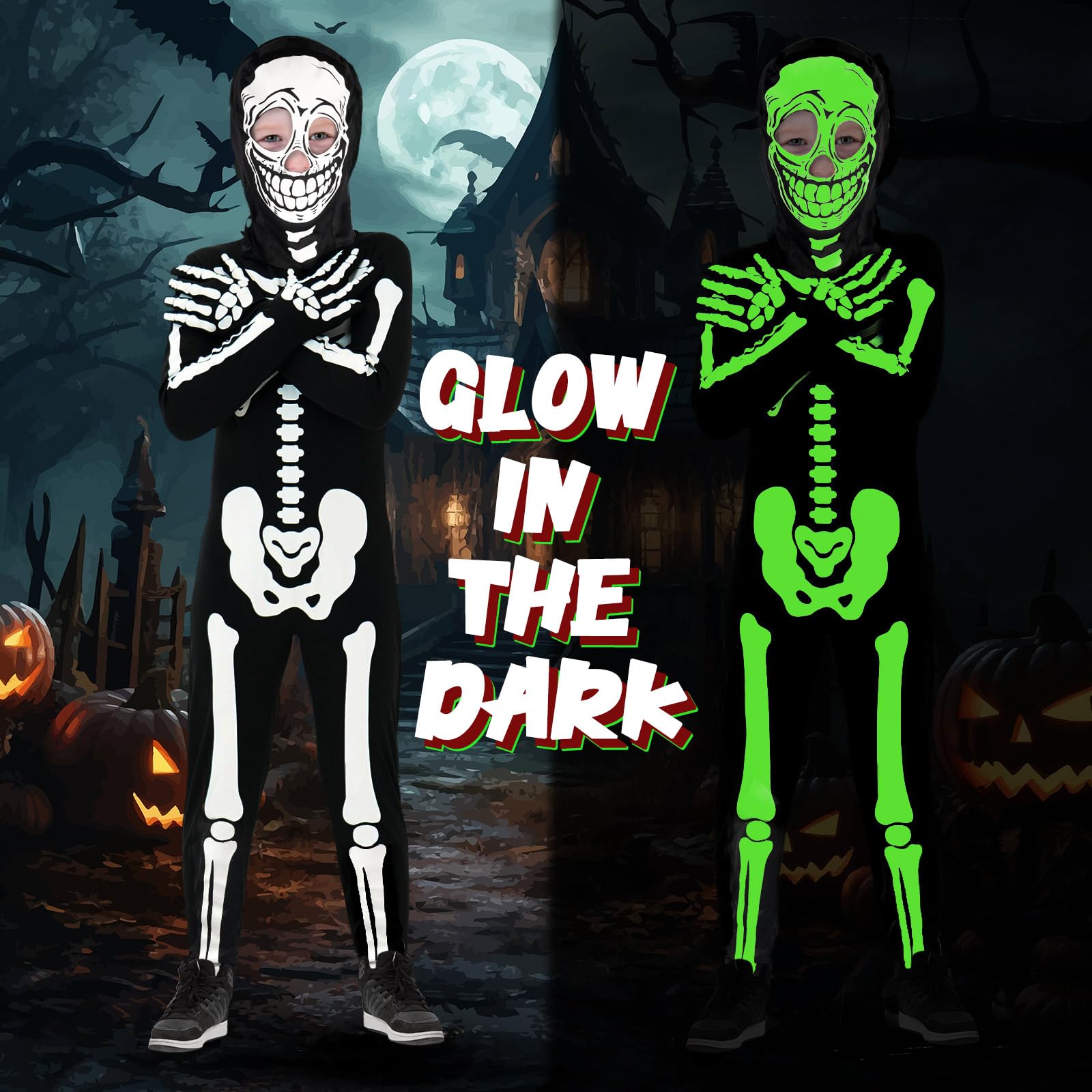 FAYBOX Skeleton Costume for Kids Boys,Glow in The Dark Halloween Costume Skeleton Onesie for Toddler(8-9)