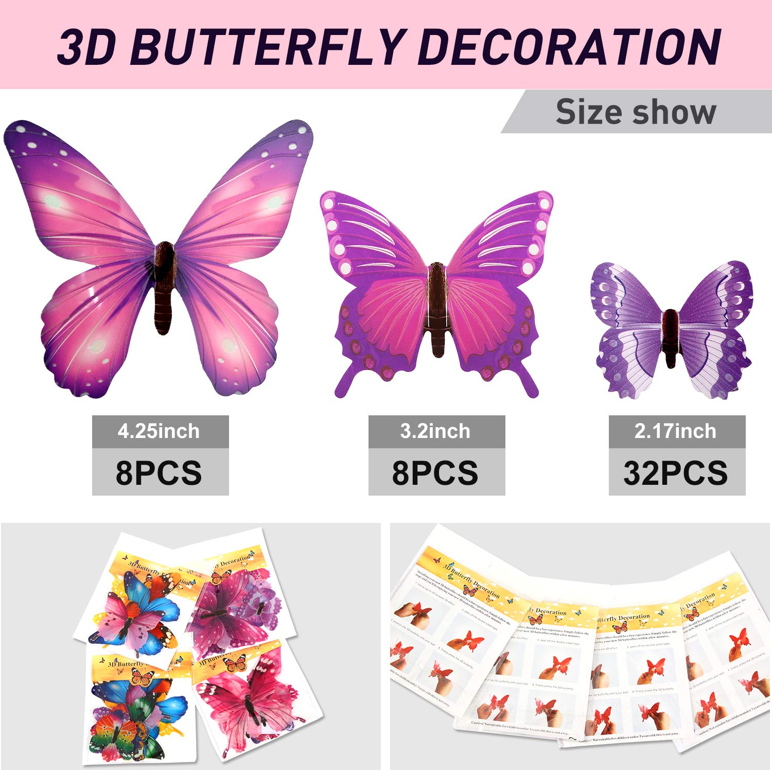 96 Pieces Glow in The Dark Luminous 3D Butterfly Wall Decals Decor Removable Butterfly Stickers DIY Art Crafts Decor for Kids Bedroom Home Garden Decorations Christmas (Pink, Purple, Mixed)