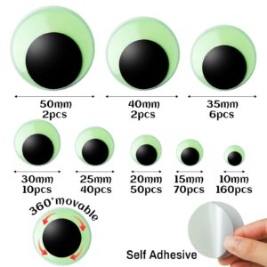 340 PCS Googly Eyes Self Adhesive for Crafts Glow in The Dark Luminous Craft Sticker Sparkle Multi Sizes Wiggle Eyes, Googly Eyes for DIY（50 40 35 30 25 20 15 10mm）
