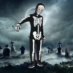 FAYBOX Skeleton Costume for Kids Boys,Glow in The Dark Halloween Costume Skeleton Onesie for Toddler(8-9)