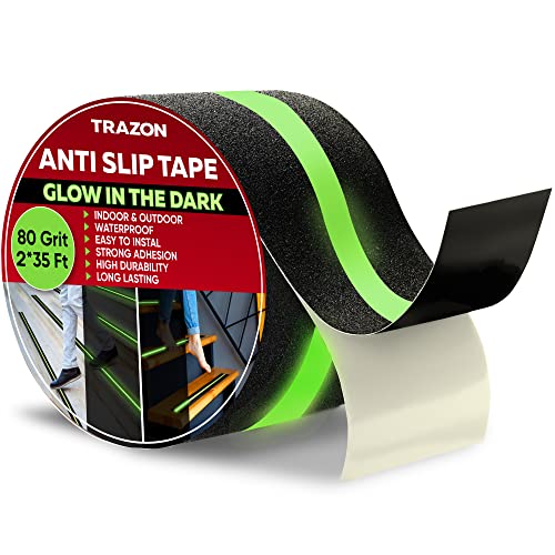 Grip Tape - Heavy Duty Anti Slip Tape for Stairs Outdoor/Indoor Waterproof Safety Non Skid Roll for Stair Steps Traction Tread Staircase Grips (2 Inch x 35 Feet, Black with Glow in The Dark Strips)