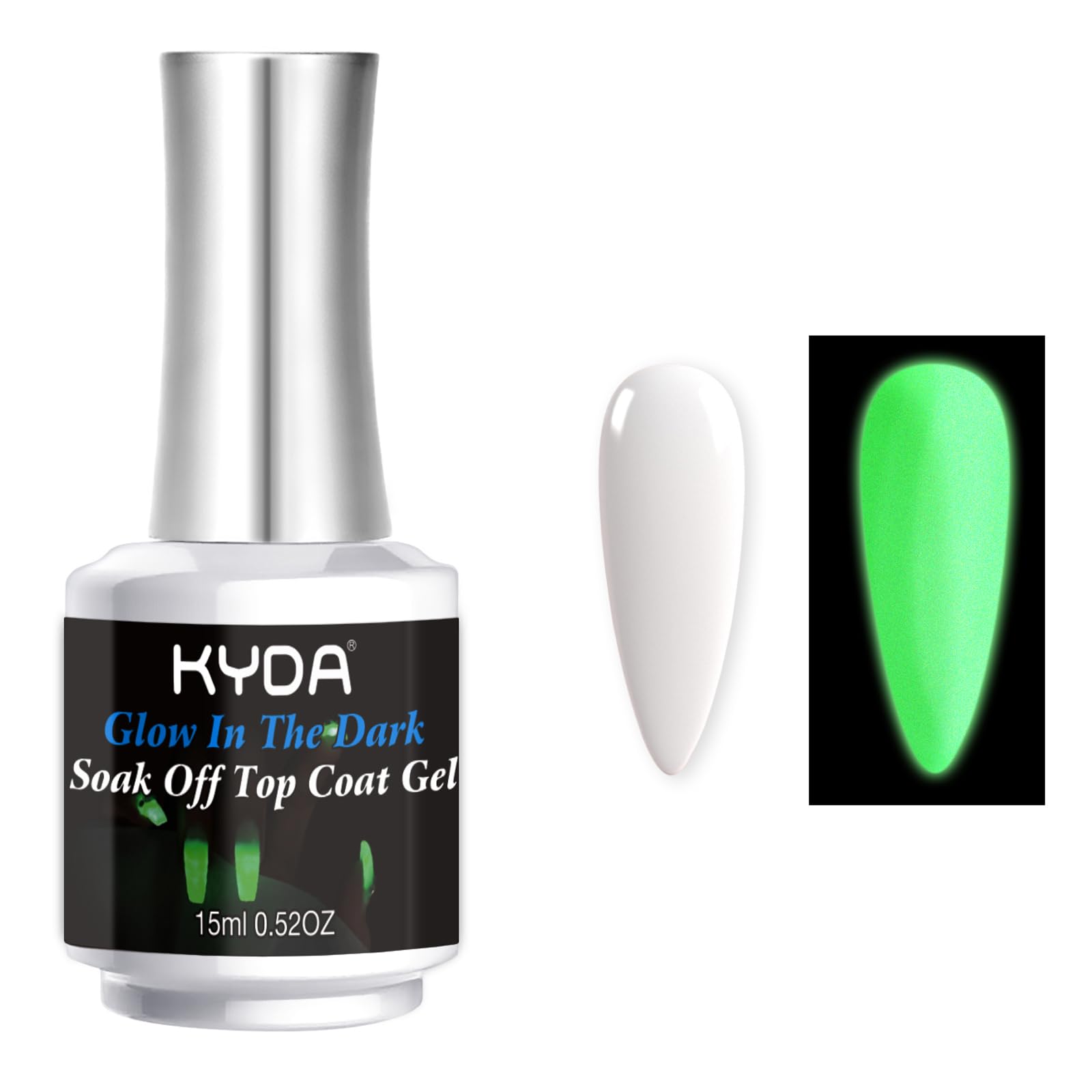 KYDA 15ml Glow In The Dark Nail Gel Top Coat, Luminous Nail Gel Top Coat for Nail Art, Transparent Universal Nail Gel Seal Top Coat, UV LED Nail Gel Polish, 0.52 fl oz