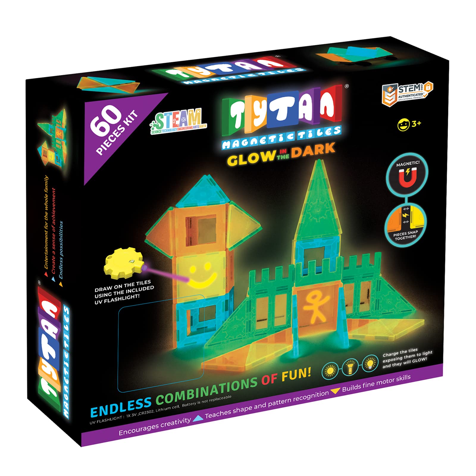 Tytan Tiles Glow in The Dark 60-Piece Magnetic Tiles Building Set, Diverse Multi-Color Shapes, STEM Toy, Cars, Creative Play, Storage Bag & UV Keychain Flashlight for Drawing on Tiles, Ages 3 and Up