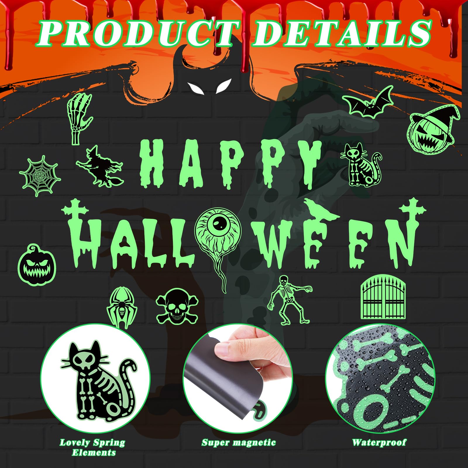 Xuhal 26 Pieces Halloween Garage Door Decorations Black Magnets Glow in the Dark Garage Magnetic Stickers Luminous Horrible Bat Cat Pumpkin Garage Door Magnets Fridge Car Magnets Decal for Party Decor