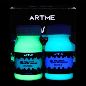 Artme Glow in The Dark Paint, Glow Paint Set of Green and Blue Colors (60ml/2oz, each) Acrylic Glow Paint Perfect for Art Painting, DIY projects, Halloween Decorations, Adults, Artists, and Students