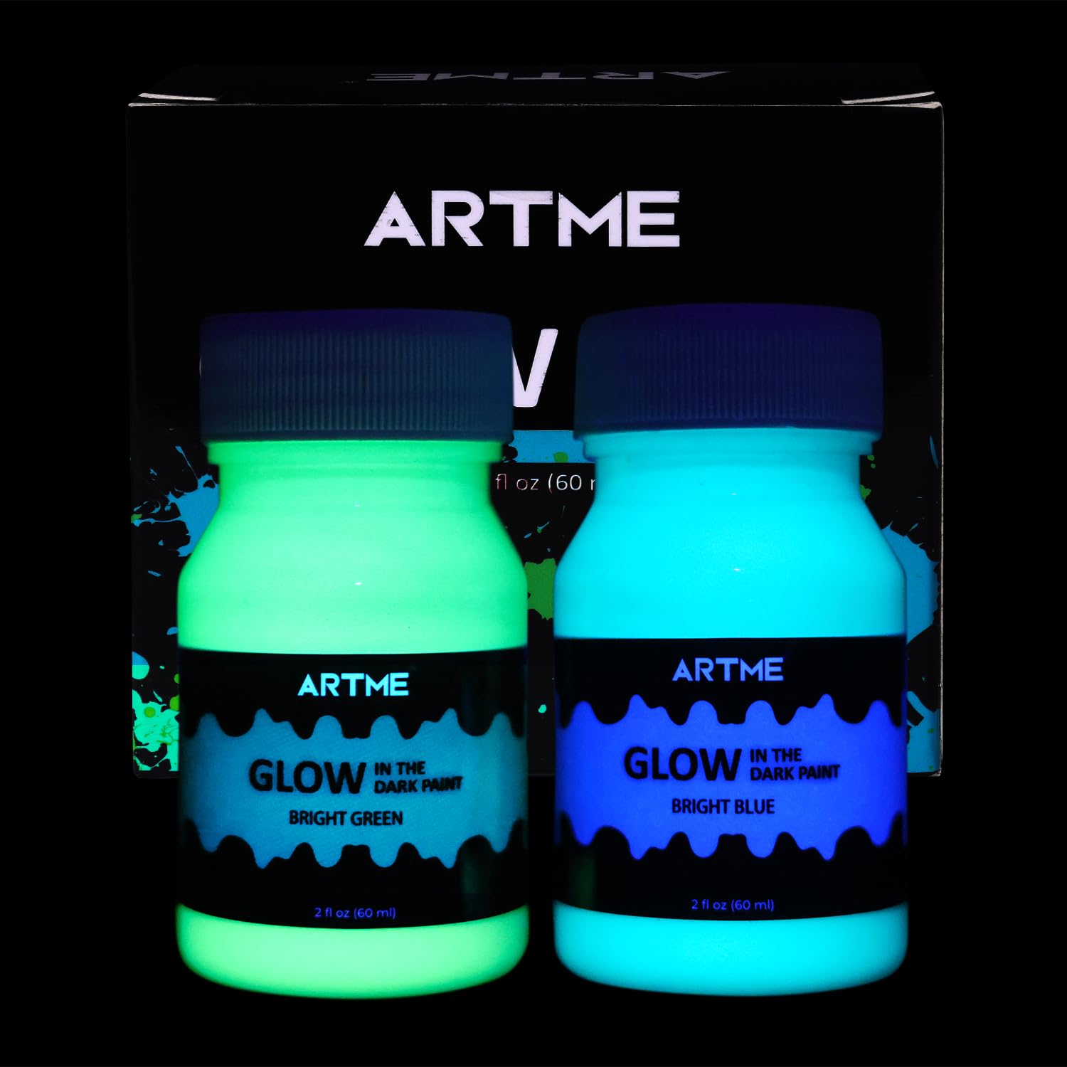 Artme Glow in The Dark Paint, Glow Paint Set of Green and Blue Colors (60ml/2oz, each) Acrylic Glow Paint Perfect for Art Painting, DIY projects, Halloween Decorations, Adults, Artists, and Students