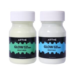 Artme Glow in The Dark Paint, Glow Paint Set of Green and Blue Colors (60ml/2oz, each) Acrylic Glow Paint Perfect for Art Painting, DIY projects, Halloween Decorations, Adults, Artists, and Students