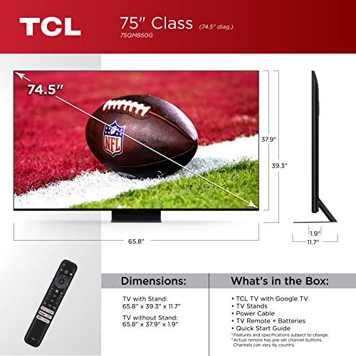 TCL 75-Inch QM8 QLED 4K Smart Mini LED TV with Google (75QM850G, 2023 Model) Dolby Vision, Atmos, HDR Ultra, Game Accelerator up to 240Hz, Voice Remote, Works Alexa, Streaming Television