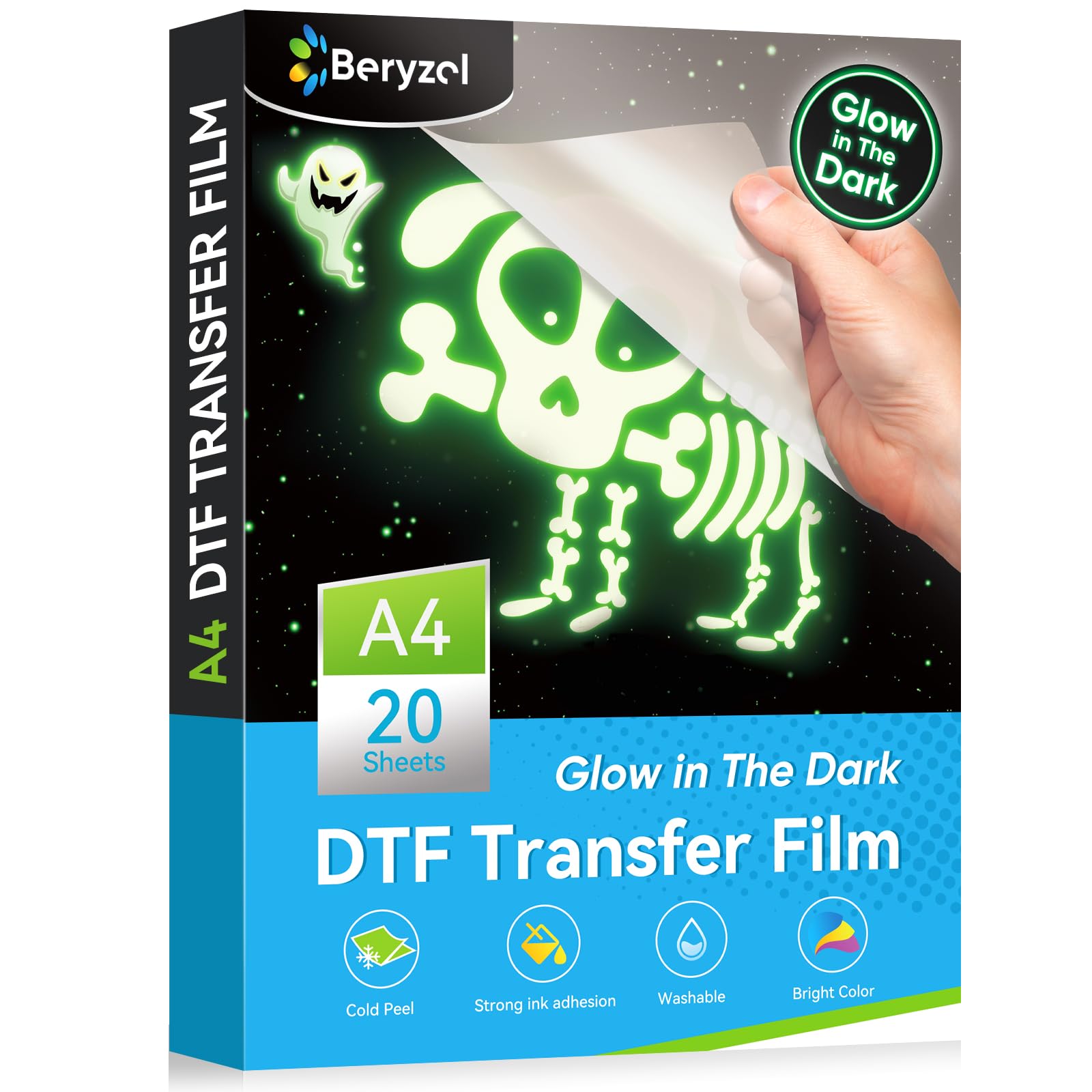 Beryzol Glow in The Dark Film DTF Luminous Transfer Film: A4 20 Sheets (8.3" x 11.7") is Transfer Paper Coated with Phosphor for DIY Direct Printing on T-Shirts and Textiles