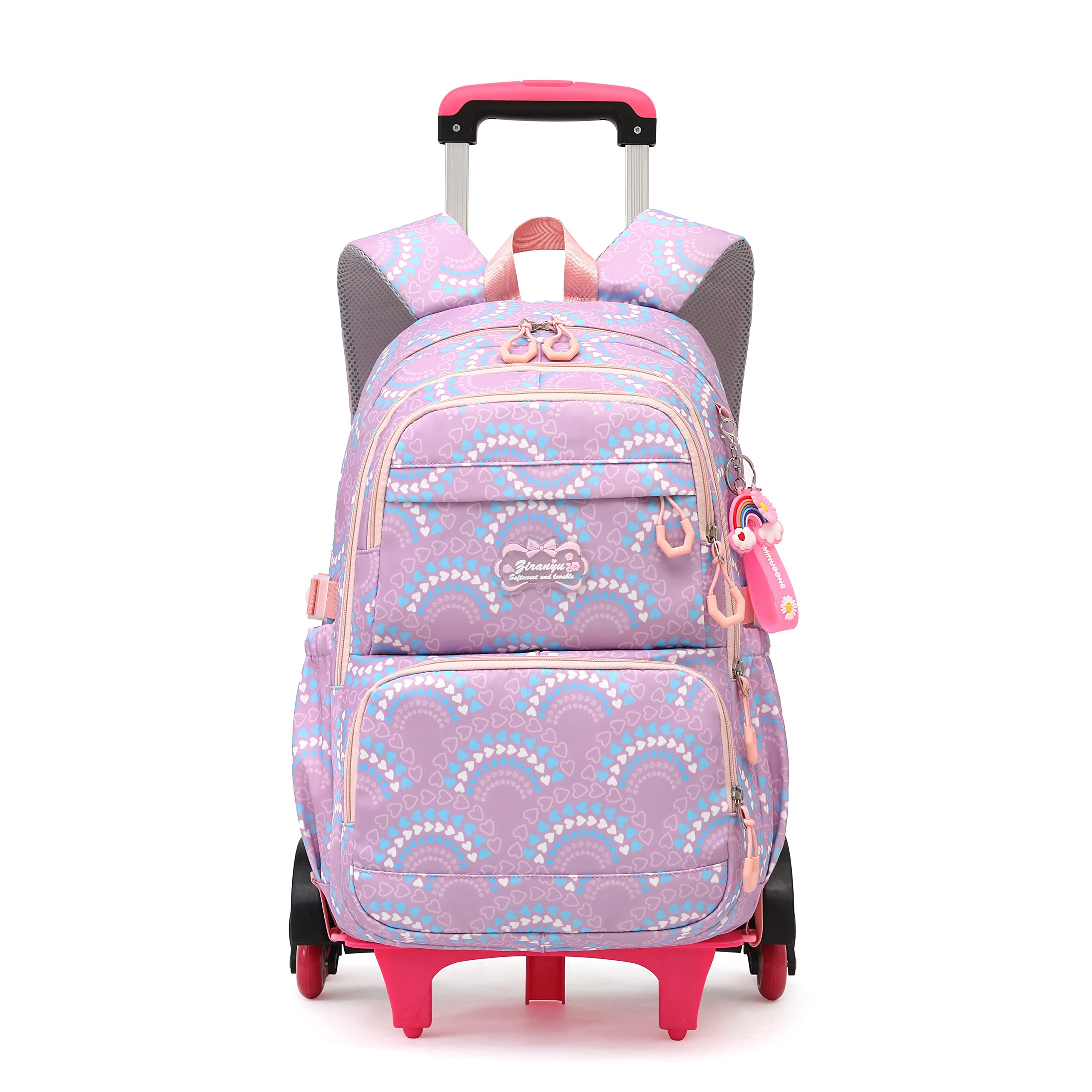 YJMKOI Heart Print Rolling Backpack for Girls Elementary Trolley Backpack for Teen Girls Colorful Primary School Bags with Wheels