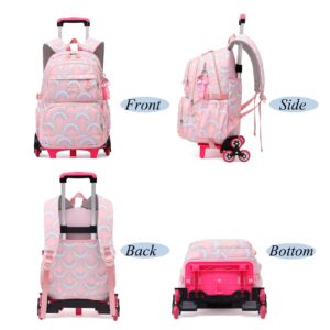 YJMKOI Heart Print Rolling Backpack for Girls Elementary Trolley Backpack for Teen Girls Colorful Primary School Bags with Wheels