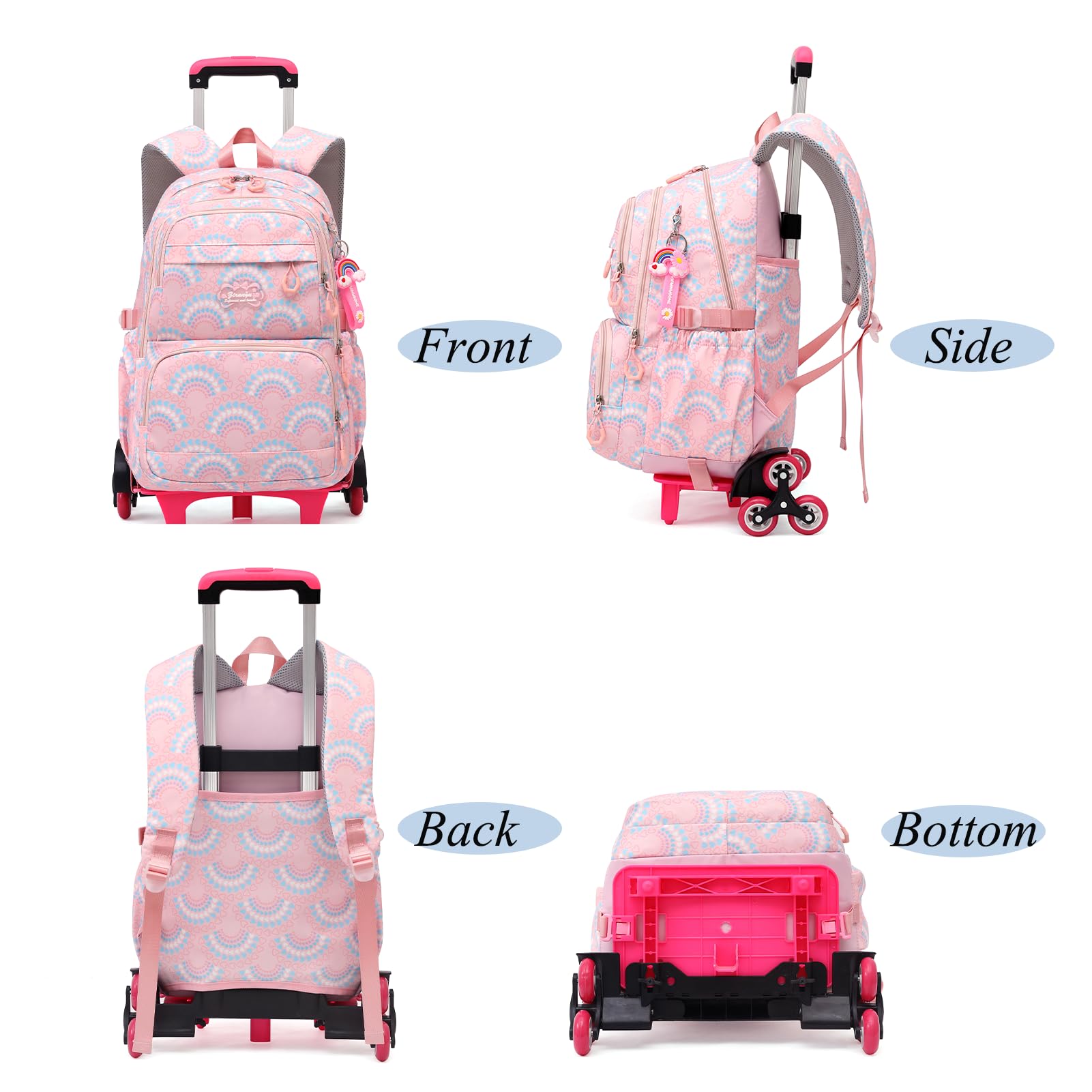 YJMKOI Heart Print Rolling Backpack for Girls Elementary Trolley Backpack for Teen Girls Colorful Primary School Bags with Wheels