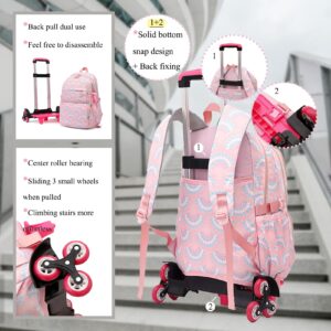 YJMKOI Heart Print Rolling Backpack for Girls Elementary Trolley Backpack for Teen Girls Colorful Primary School Bags with Wheels