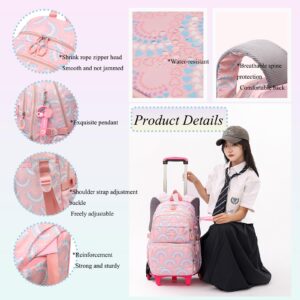 YJMKOI Heart Print Rolling Backpack for Girls Elementary Trolley Backpack for Teen Girls Colorful Primary School Bags with Wheels