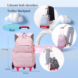 YJMKOI Heart Print Rolling Backpack for Girls Elementary Trolley Backpack for Teen Girls Colorful Primary School Bags with Wheels