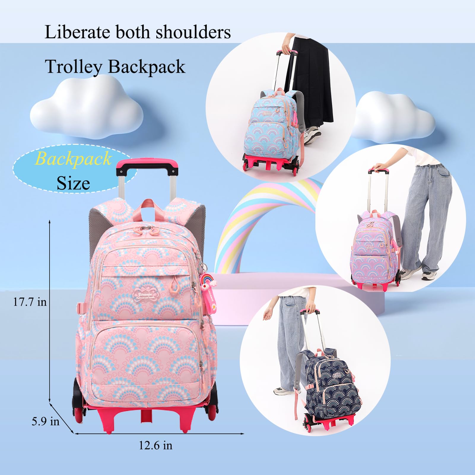 YJMKOI Heart Print Rolling Backpack for Girls Elementary Trolley Backpack for Teen Girls Colorful Primary School Bags with Wheels