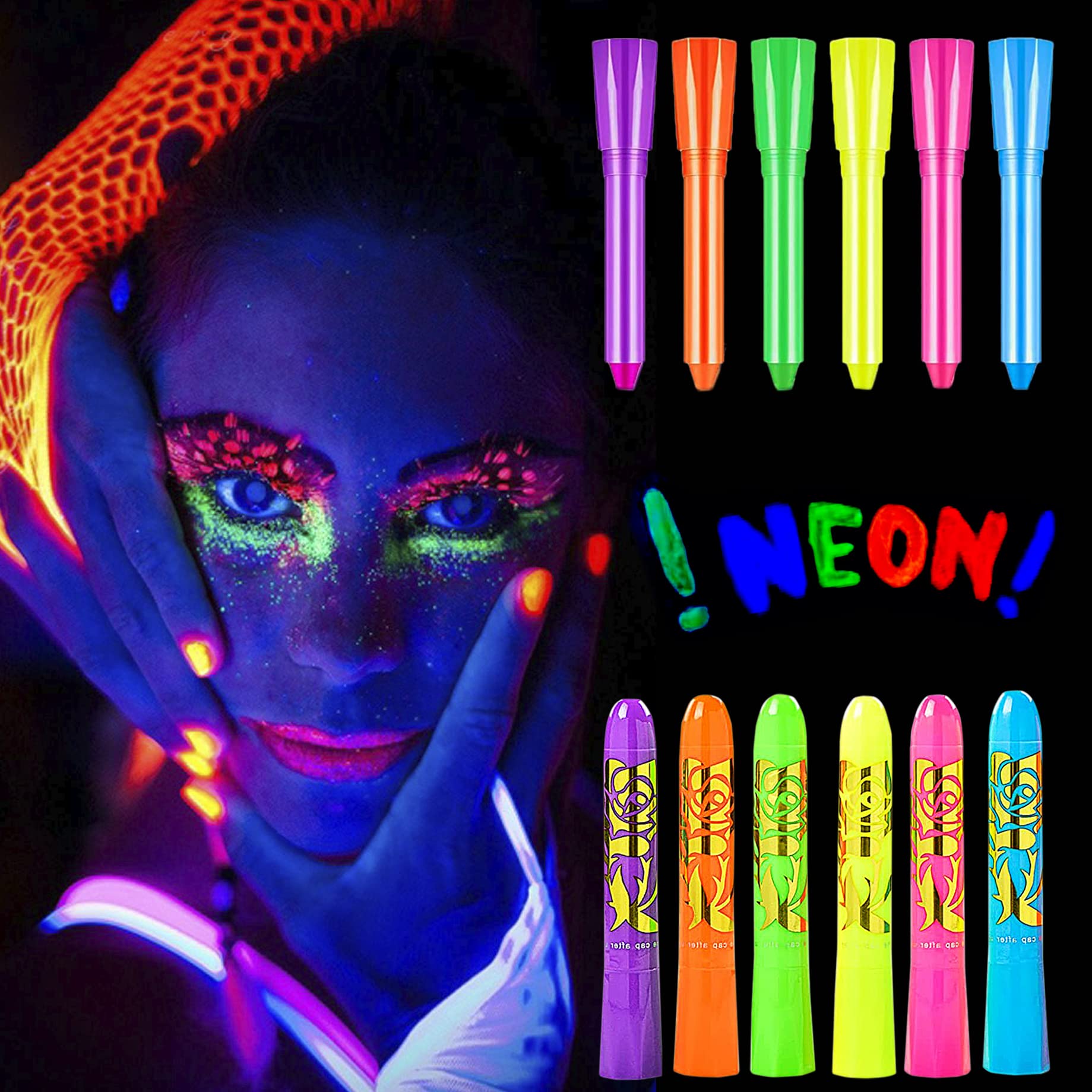 6PCS Glow in The Dark Face Paint Crayons UV Neon sign Halloween Carnival Night glow makeup Paint - Safe, Washable,