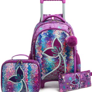 Mermaid Rolling Backpack for Gilrs Backpacks with Wheels for Elementary School Bag Trolley Trips Kids Luggage with Lunch Box for Preschool Students