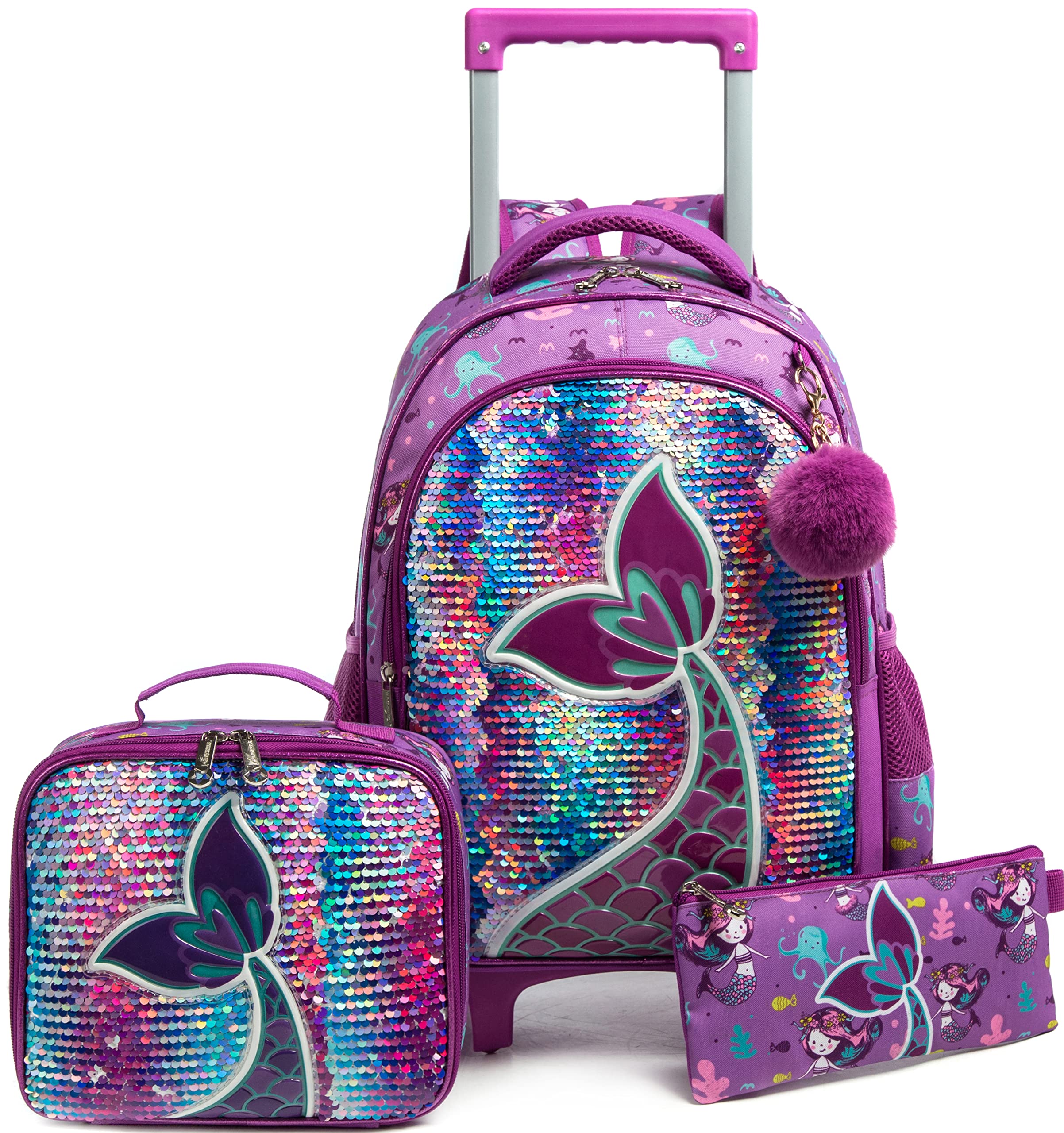 Mermaid Rolling Backpack for Gilrs Backpacks with Wheels for Elementary School Bag Trolley Trips Kids Luggage with Lunch Box for Preschool Students