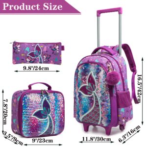 Mermaid Rolling Backpack for Gilrs Backpacks with Wheels for Elementary School Bag Trolley Trips Kids Luggage with Lunch Box for Preschool Students